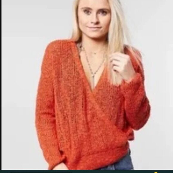 Billabong Sweet Bliss Orange Open Knit Beachy Faux Wrap Sweater Size L - Picture 1 of 6